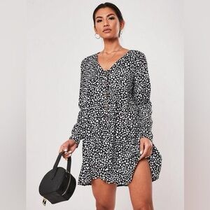 Black Dalmatian Button Down Long Sleeve Smock Dress